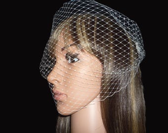 Handmade Ivory Birdcage Wedding Veil, Bandeau Style with Silver Combs