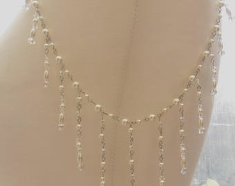 Shoulder Arm Chains Crystal Pearl drop tassle Epaulettes: Handmade Silver Body Wedding dress Jewellery 1 pair