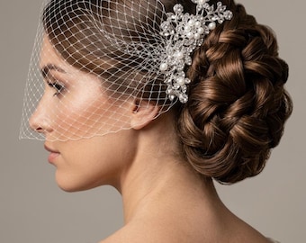 Birdcage wedding veil Bandeau with Ivory Diamante and Pearl comb.