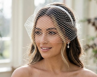 Birdcage veil wedding Ivory plain veil on hair band. 8 inch full face