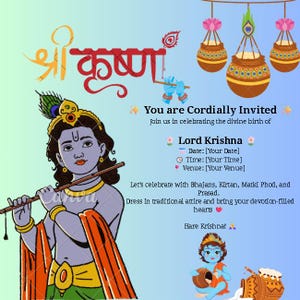 Editable Janmashtami Invitation | Krishna Birthday Invite | Matki Phod Event Card | Hindu Festival Printable | Lord Krishna Party Template