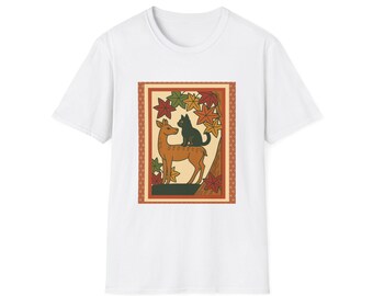 Japanese Parody T-Shirt ,Cat and Deer Unisex Softstyle T-Shirt, Cozy Fall Tee, Nature Lover Shirt, Gift for Cat Lovers, Seasonal Apparel