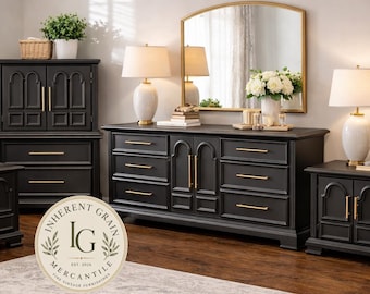 SOLD!! Four Piece Vintage Stanley Bedroom Set Caviar Black