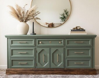 SOLD!! Sage Green Vintage Dresser with Stained Oak Base Brass Hardware SOLD!!