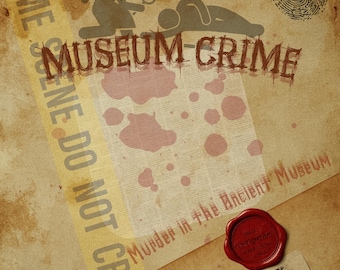 May include: A vintage-style poster with a crime scene theme. The words "MUSEUM CRIME" are prominently displayed, along with illustrations of a detective, a body, and a fingerprint. The text "CRIME SCENE DO NOT CROSS" is also visible.