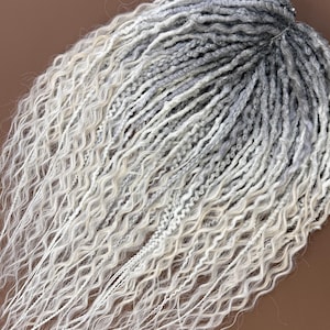 Synthetic Braid in Dreads Double Ended, Salt and Pepper Boho Dreadlock Extensions, Soft Gray to White Ombre Faux Curly Locs