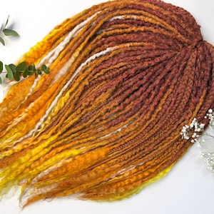 Copper Ombre Synthetic Dreadlocks with Goat Wool Ends, Ginger Double Ended Braid in Dreads, Orange Faux Loc Extensions with Curls