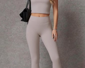 Linen-Blend Active Set – Women's High-Waist Leggings & Sports Bra