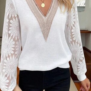 SilkPatch V Neck Patchwork Blouse Womens Long Sleeve Casual Elegant Top