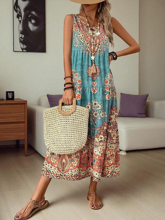 summer sleeveless maxi dress Womens Summer Floral Dresses Sleeveless Smocked Maxi Dress Spaghetti Strap A Line Ruffle Flowy Beach Long Dress Blue Small