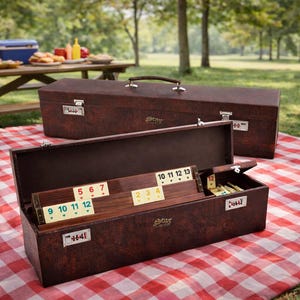 May include: Two brown leather game cases, one open, displaying game tiles. The cases are on a red and white checkered picnic blanket. A picnic table, food, and a grill are in the background, suggesting an outdoor game setting.