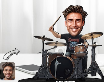 Statuetta di batterista in legno 3D personalizzata, regalo personalizzato a forma di cartone animato