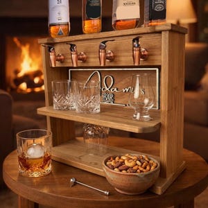 Custom Wooden Whiskey Dispenser with 4 Taps – Personalized Liquor Stand – Home Bar Display – Man Cave Decor