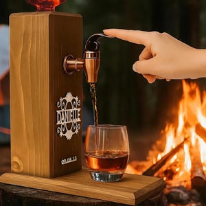 May include: A wooden liquor dispenser with a copper tap, pouring amber liquid into a glass. The dispenser is engraved with the name "Danielle" and the date "09.08.13". The background features a campfire and a tent.