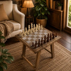 Wooden Chess Set with Pieces – Rustic X-Leg Side Table Furniture with Inlay Board