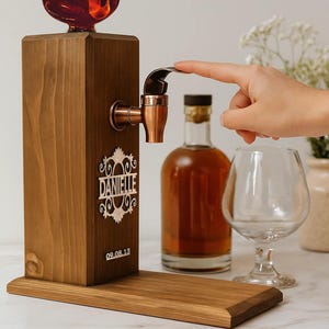 Personalized Whiskey Dispenser – Rustic Wooden Liquor Tap for Home Bar, Gift for Men and Women