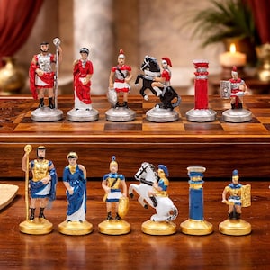 Ancient Roman Chess Set, Handcrafted Metal Chess Pieces, Wooden Chess Board, Luxury Historical Chess Game, Unique Gift for Him