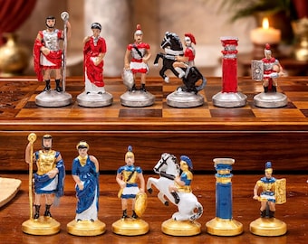 Juego de ajedrez romano antiguo, piezas de ajedrez de metal hechas a mano, tablero de ajedrez de madera, juego de ajedrez histórico de lujo, regalo único para él.