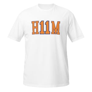 May include: White t-shirt with the orange text "H11M" outlined in blue. The short-sleeved shirt is made of a soft material and is suitable for casual wear. The text is in a collegiate style.