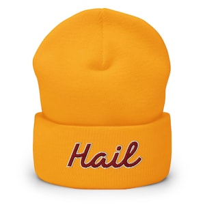 May include: A bright orange cuffed beanie featuring the word Hail embroidered in a dark red script font with a white outline centred on the front fold. The knit hat has a rounded crown and a thick, folded brim that wraps around the entire base.