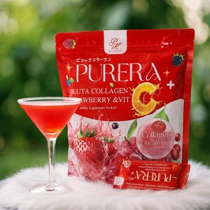 May include: A red PURERA Gluta Collagen Strawberry & Vit supplement package with a cocktail glass containing a red liquid. The package has a strawberry and orange design. A small PURERA packet is also visible.