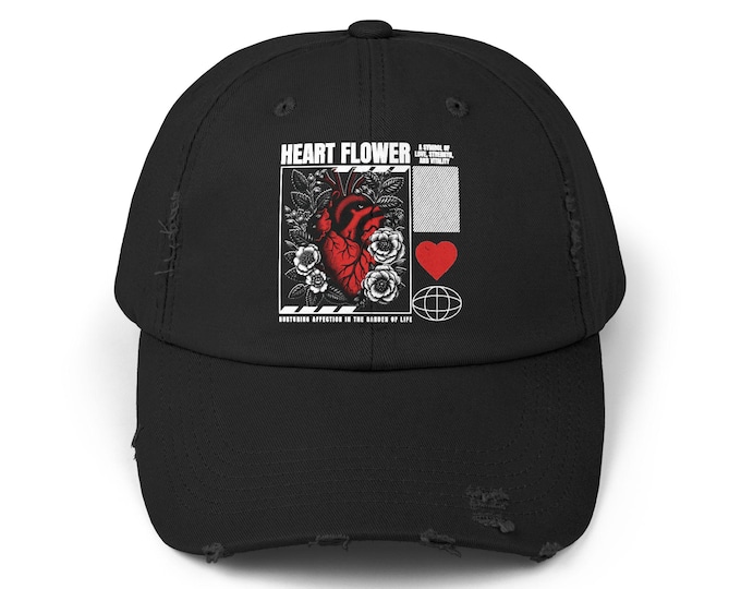 Stylish Unisex Distressed Cap with Heart Flower Design, Vintage Baseball Hat, Trendy Accessory, Casual Outfit Addition, Gift for Him or Her