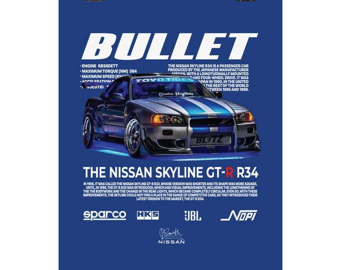 Nostalgic Car Art Poster, Automotive Wall Decor, Nissan Skyline GT-R R34 Print, Car Enthusiast Gift, Collector's Room Decor