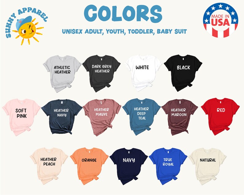 a collection of t-shirts in various colors, including white, black, red, and peach, as well as a navy blue t-shirt.