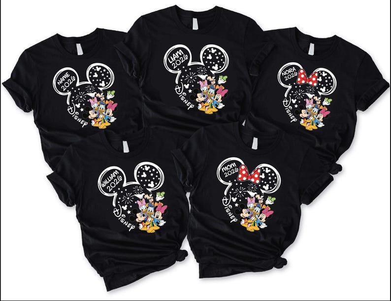 A collection of black t-shirts with Disney-themed designs, including Mickey Mouse and Minnie Mouse characters.