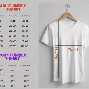 a white t-shirt with size and width measurements provided in a table format. The table includes the size and corresponding width for different age groups, such as "S", "M", "L", "XL", "2XL", and "3XL". The t-shirt is hanging on a wooden hanger, and the image includes a diagram that shows the length of the t-shirt.