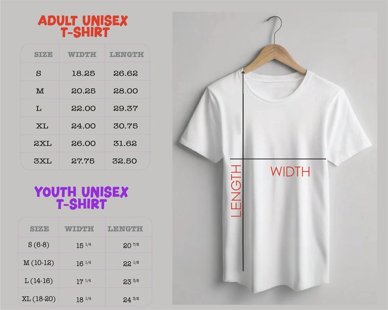 a white t-shirt with size and width measurements provided in a table format. The table includes the size and corresponding width for different age groups, such as "S", "M", "L", "XL", "2XL", and "3XL". The t-shirt is hanging on a wooden hanger, and the image includes a diagram that shows the length of the t-shirt.
