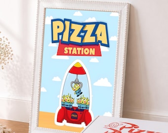 Letrero imprimible de Toy Story Pizza Station para la mesa de dulces de cumpleaños de un hijo, letrero de BuzzLightyear para fiestas infantiles, descarga digital TS3