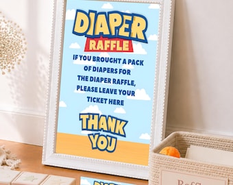 Letrero imprimible para rifa de pañales de Toy Story, decoración para mesa de dulces de baby shower "Es un niño", letrero de recuerdo de Buzz Lightyear para fiestas infantiles, descarga digital TS3