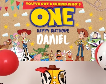 Banner de Toy Story para fiesta temática de un niño de un año, fondo imprimible para póster de primer cumpleaños, decoración de pared para eventos de hijo, letrero de feliz cumpleaños TS