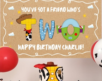 Toy Story Second Birthday Backdrop Printable 2 Year Old Boy Celebration Banner Personalized Poster Party Wall Decor Custom Name Kid Signs TS
