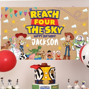 ToyStory Reach Four The Sky Banner Boy Theme Party Backdrop Printable Four Year Old Birthday Poster Son Event Display Wall Decoration Kid TS
