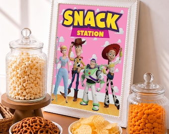 Letrero imprimible para estación de refrigerios de Toy Story, decoración para mesa de dulces de baby shower "Es una niña", letrero de recuerdo de Buzz Lightyear para fiestas infantiles, descarga digital TS6