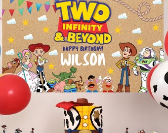 Toy Story Two Infinity & Beyond Banner Boy Theme Party Backdrop Printable 2nd Birthday Poster Son Event Display Wall Decor Happy Birthday TS