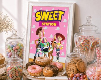 Letrero imprimible de Toy Story Sweet Station: Es una niña. Decoración para mesa de dulces de baby shower. Letrero de Buzz Lightyear para fiestas infantiles. Descarga digital TS6.