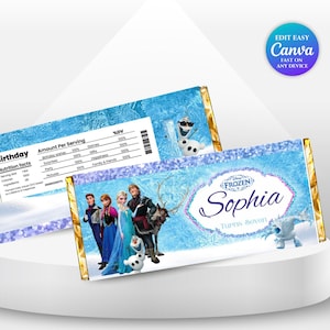 Puede incluir: Dos envoltorios de barras de chocolate con temática de Frozen. Un envoltorio tiene una etiqueta de información nutricional y la palabra "Cumpleaños". El otro envoltorio dice "Sophia Turns Seven" con personajes de Frozen.