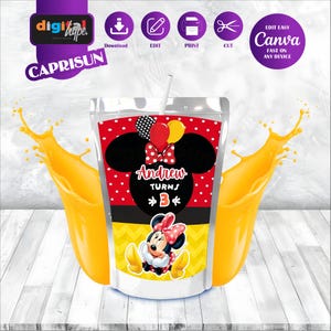 May include: A Capri Sun pouch with a Minnie Mouse theme. The pouch features a red polka dot background with Minnie Mouse ears and a bow. The text "Andrew Turns 3" is displayed. Orange liquid splashes on either side.
