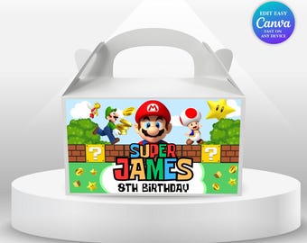 Etiqueta de caja Gable para cumpleaños de Mario Bros. Fiesta temática de Mario. Invitación de Super Mario para niño. Octavo cumpleaños. Recuerdos de fiesta de Mario. Cumpleaños de Peach. Mario Luigi SM1.