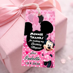 Minnie Mouse tacketikett Mickey Anime-tema födelsedagspresentetikett utskrivbar Daisy Duck barnfestgåva Oh Twodle temapark godisgåva MK05