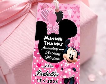 Etiqueta de agradecimiento de Minnie Mouse, etiqueta de regalo de cumpleaños con temática de anime de Mickey, imprimible, recuerdo de fiesta infantil de Daisy Duck, recuerdo de fiesta del parque temático Oh Twodle MK05