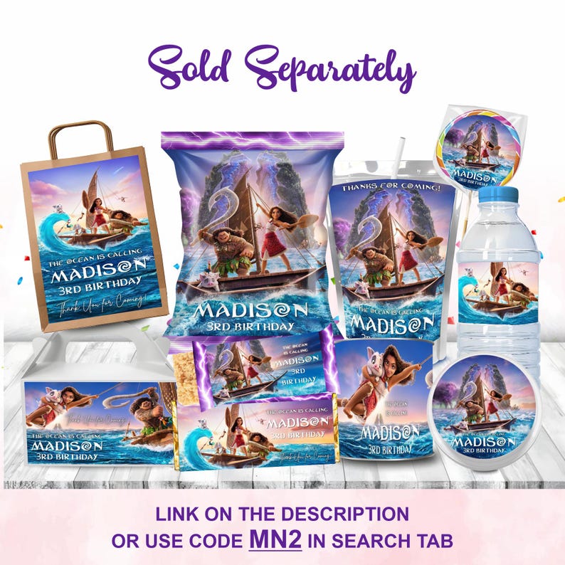 Cheerful Moana Birthday Label Pringle & Pringle Lid, bundle Includes Capri sun, Chip Bag, Pringle Chips, Rice Krispies, Water Bottle, Chocolate Bar, Gable Box, Treat Bag, Lollipop Includes Clouds and Flowers Motifs featuring Moana Characters Perfect for Kids Party. Editable Canva Temple.