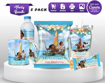 Paquete de recuerdos de fiesta de Moana, decoración de fiesta con temática de anime Maui, para niño, 3er cumpleaños, Luau, isla del océano, princesa Tiana, etiqueta de regalo imprimible para niños, Moana MN1
