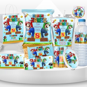 May include: A collection of party supplies featuring a Super Mario theme. Includes a gift bag, chip bag, juice pouches, water bottle, candy wrappers, and stickers. Each item has the text "Super James has reached level 8".
