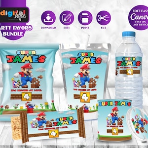Mario Bros Party Mega Bundle Mario theme Party Super Mario Invite Boy 4th Birthday Mario Party Favor CapriSun Mario ChipBag Mario Luigi SM01