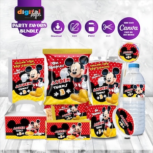 May include: A party favors bundle featuring Mickey Mouse. The set includes treat bags, chip bags, juice pouches, water bottle labels, and stickers. Each item is red, black, and yellow, with the text "Ayden Turns 3" and "Thank you for coming."