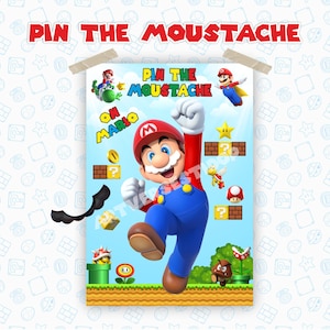 Puede incluir: Un póster para el juego "Pon el bigote a Mario". El póster presenta a Mario con su gorra roja y su mono azul característicos, con un recorte de bigote negro. El fondo incluye elementos del juego como monedas, estrellas y bloques de interrogación.